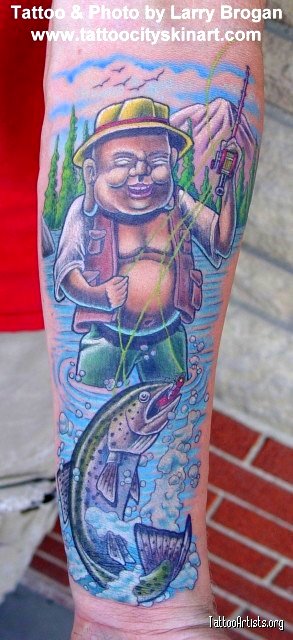 Laughing Buddha Flyfishing. “I loved drawing and tattooing this piece.